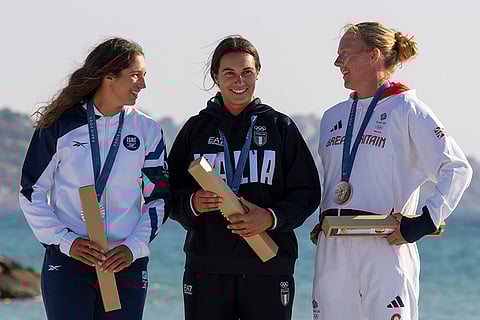 Sailing: Women's iQFOiL windsurfing medal ceremony